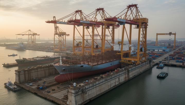 Крупный контейнеровоз на стадии строительства в сухом доке современной судоверфи на рассвете, окруженный высокими портовыми кранами.