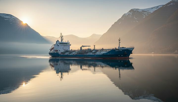 Норвежско-японский альянс: Shoei Kisen инвестирует в Eitzen Avanti Современный танкер-химовоз плывет по спокойным водам норвежского фьорда на рассвете, вдали видны горы в тумане.