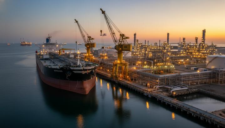 Нефтяной танкер класса Афрамакс у причала промышленного порта в Мексиканском заливе на закате, видны портовые краны и трубопроводы.