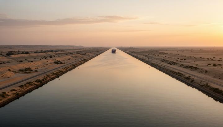 Широкий вид на Суэцкий канал с песчаными берегами и одиноким контейнеровозом, идущим по водному пути вдалеке.