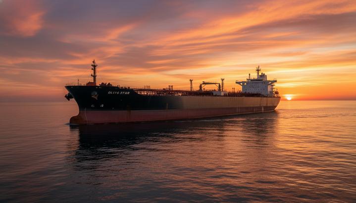 Огромный нефтяной танкер класса VLCC в открытом море на фоне заката, солнечные лучи отражаются от воды и корпуса судна.