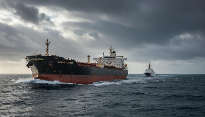 Большой нефтяной танкер в открытом море под пасмурным небом, сопровождаемый кораблем береговой охраны.