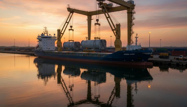 Norden меняет флот: продажа судов и фокус на проектные грузы Современное многоцелевое судно в порту во время погрузки крупногабаритного промышленного оборудования портовым краном на закате.