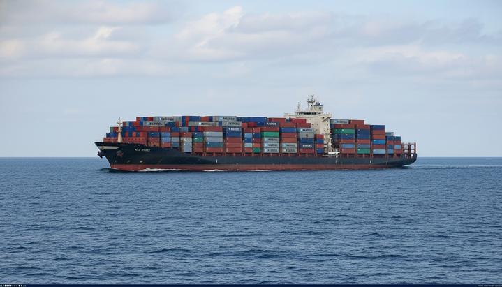 Контейнеровоз «Рио Кобе» с грузовыми контейнерами на палубе плывет по открытому морю.