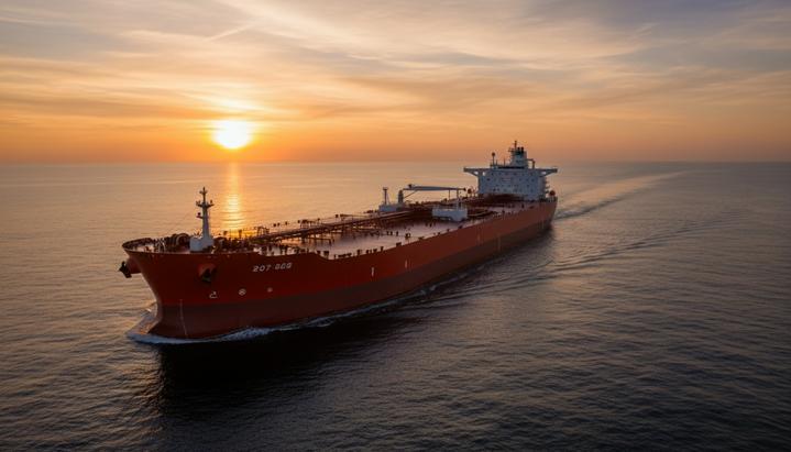 Frontline обновляет флот VLCC на 2 миллиарда долларов Огромный современный нефтяной танкер-супертанкер (VLCC) с красным корпусом плывет по спокойному океану на закате.