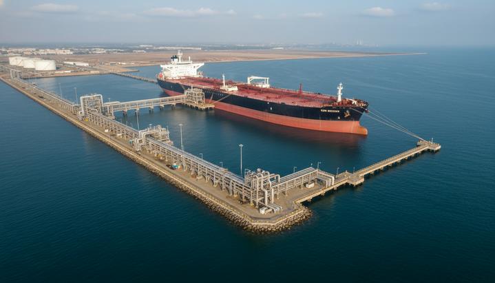 Огромный нефтяной супертанкер VLCC пришвартован у современного причала в промышленном порту Мундра, Индия, рядом с трубопроводами.