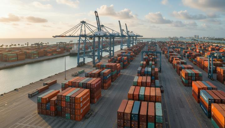 Hapag-Lloyd укрепляет позиции: полный контроль над терминалом во Флориде Контейнерный терминал порта Эверглейдс во Флориде на рассвете. Высокие портовые краны и аккуратные штабели грузовых контейнеров.