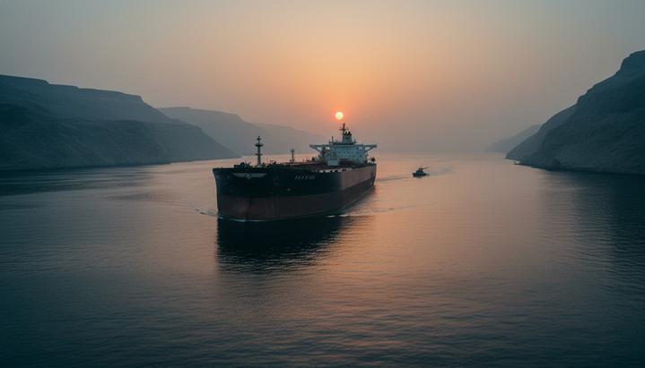 Огромный нефтяной танкер проходит через узкий Ормузский пролив на рассвете, вдали в утренней дымке виден иранский патрульный катер.