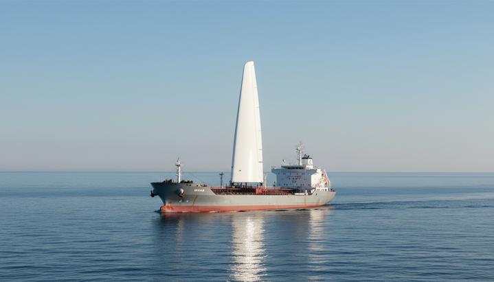 Танкер-продуктовоз с большим белым парусным крылом на палубе идет по открытому морю.