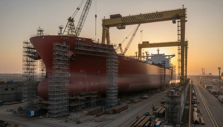 Крупный нефтяной танкер-Suezmax в процессе строительства на судостроительной верфи в окружении строительных лесов и портовых кранов.