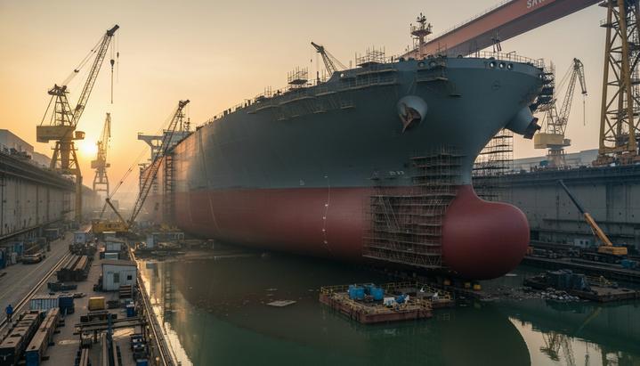 Огромный супертанкер-нефтевоз в сухом доке на судостроительной верфи в процессе постройки среди кранов и лесов.