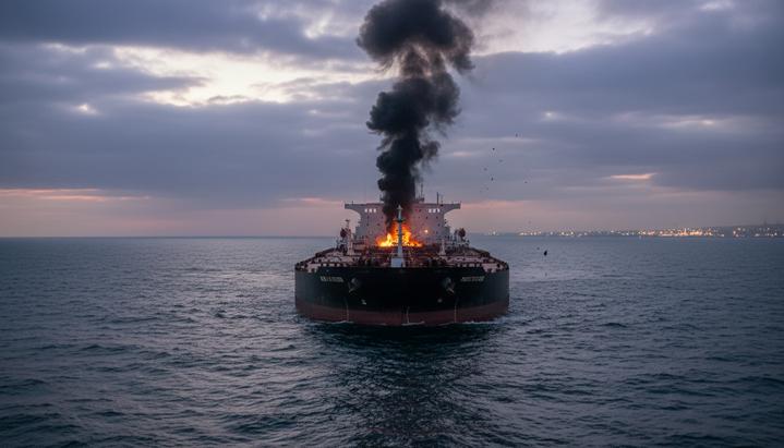 Нефтяной танкер в Черном море на рассвете, с палубы идет дым. На горизонте видны огни портового города.