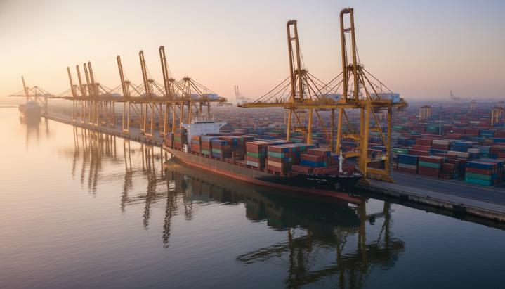 Огромный контейнерный терминал в порту на рассвете. Портовые краны загружают контейнерами большой грузовой корабль.