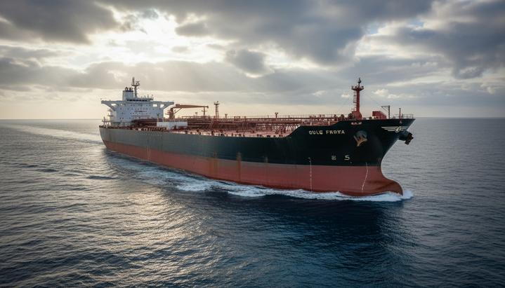 Sinokor меняет рынок: контейнеровозы на супертанкеры Огромный нефтяной супертанкер класса VLCC плывет по спокойному морю под облачным небом, вид с низкого ракурса, подчеркивающий его масштаб.