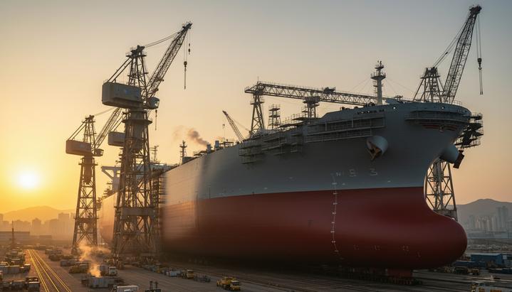 Новый огромный нефтяной супертанкер (VLCC) на современной судостроительной верфи в окружении портовых кранов.