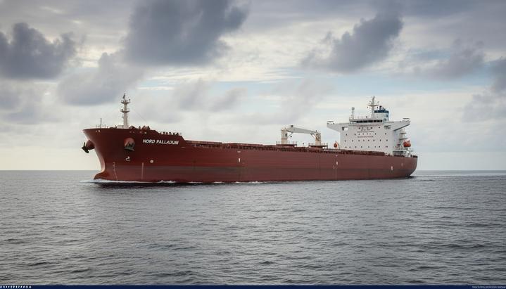 Современный крупнотоннажный балкер типа Newcastlemax в открытом море. Судно следует по курсу в спокойной воде.