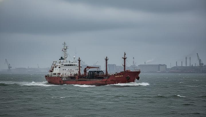 Небольшой танкер для перевозки нефтепродуктов в серых водах Северного моря на фоне промышленного порта вдали.