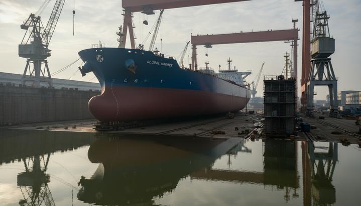 Новый крупнотоннажный танкер на стапеле современного судостроительного завода в сухом доке в окружении портовых кранов.
