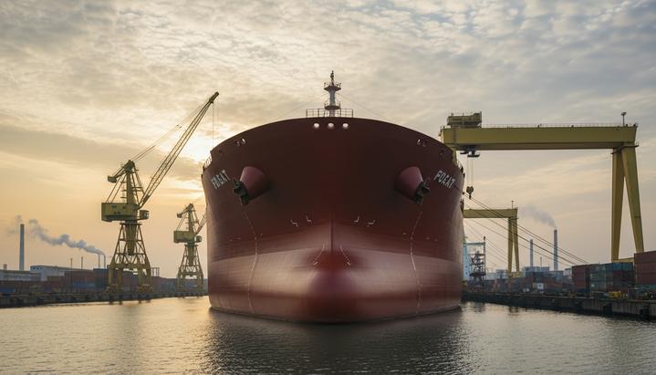 Нос огромного нефтяного супертанкера VLCC у причала судостроительной верфи в китайском городе Далянь на рассвете.