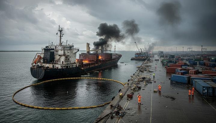 Поврежденное грузовое судно у причала в морском порту. Рядом дымятся разбитые контейнеры, на воде разлив нефти, окруженный боновыми заграждениями.