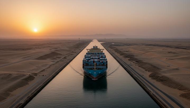 Крупный контейнеровоз Maersk, груженый контейнерами, проходит по узкому Суэцкому каналу среди песчаных берегов.