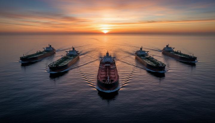 Флот гигантских нефтяных супертанкеров VLCC в открытом море на рассвете, вид с воздуха.