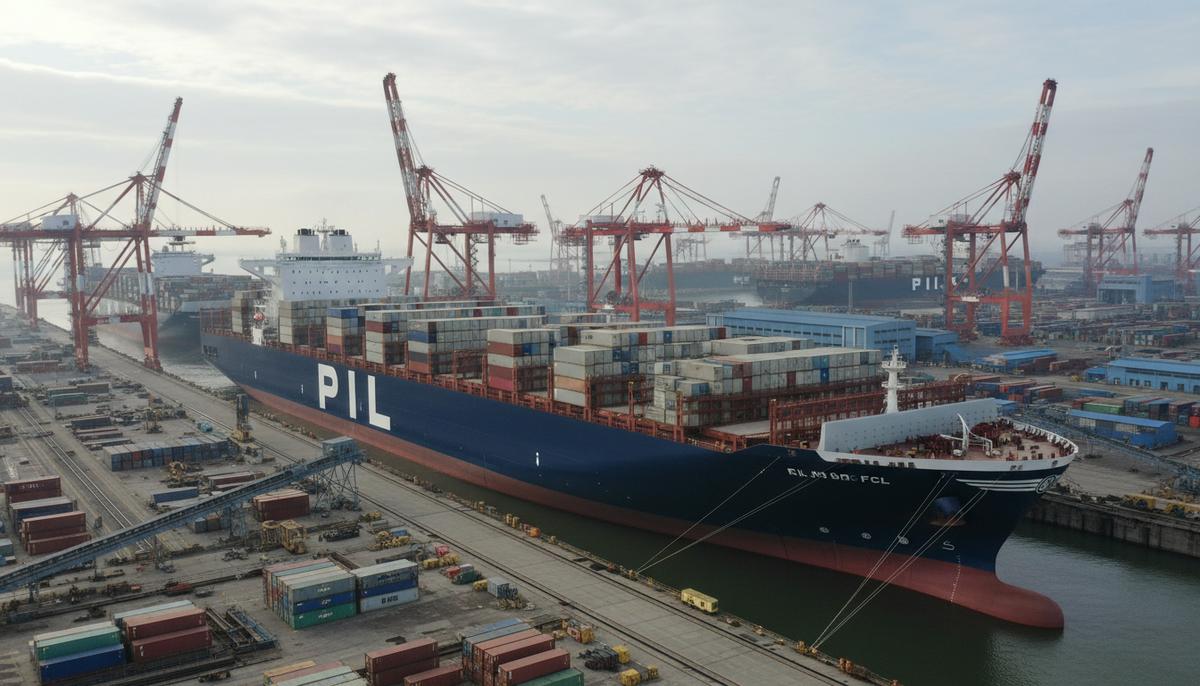 PIL расширяet флот: заказ восьми контейнеровозов на СПГ Новый СПГ-контейнеровоз Pacific International Lines у причала судостроительной верфи на фоне портовых кранов.