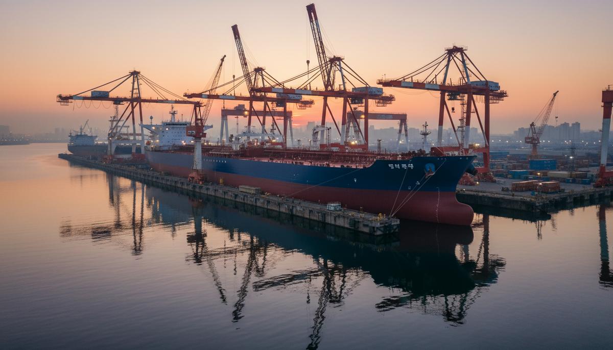 Огромный новый нефтяной танкер-суэцмакс в доке южнокорейской верфи в окружении портовых кранов на рассвете.