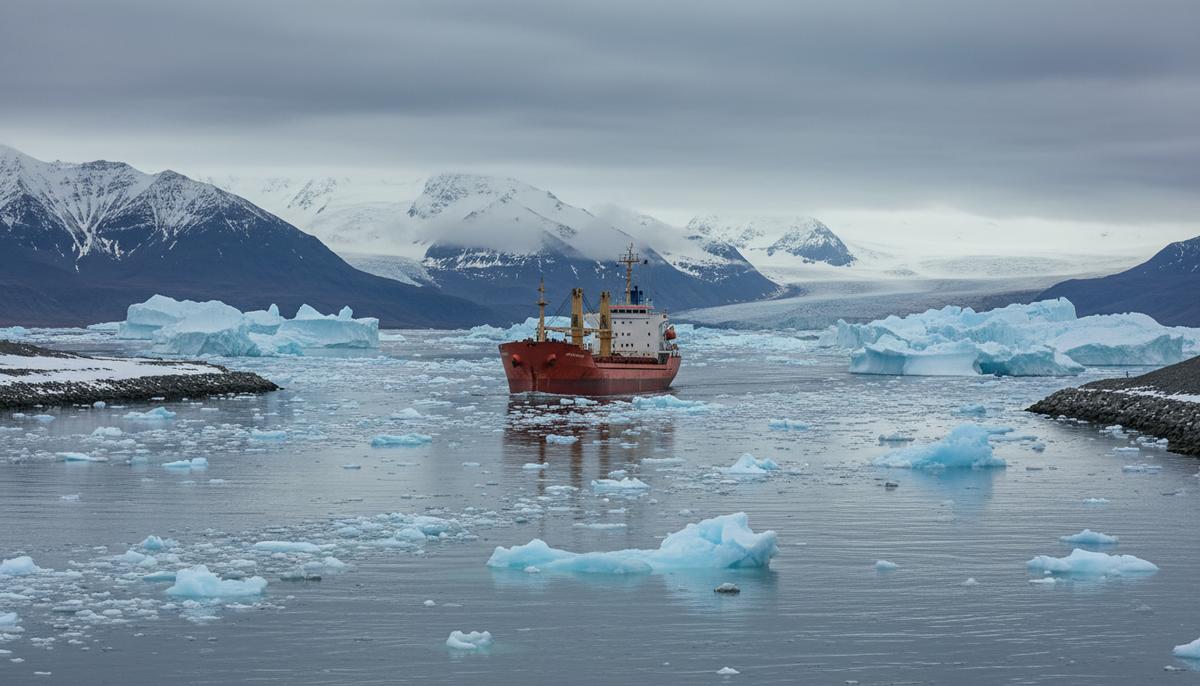 Балкер с грузовыми кранами на палубе плывет по ледяному проливу у заснеженного скалистого побережья Гренландии.