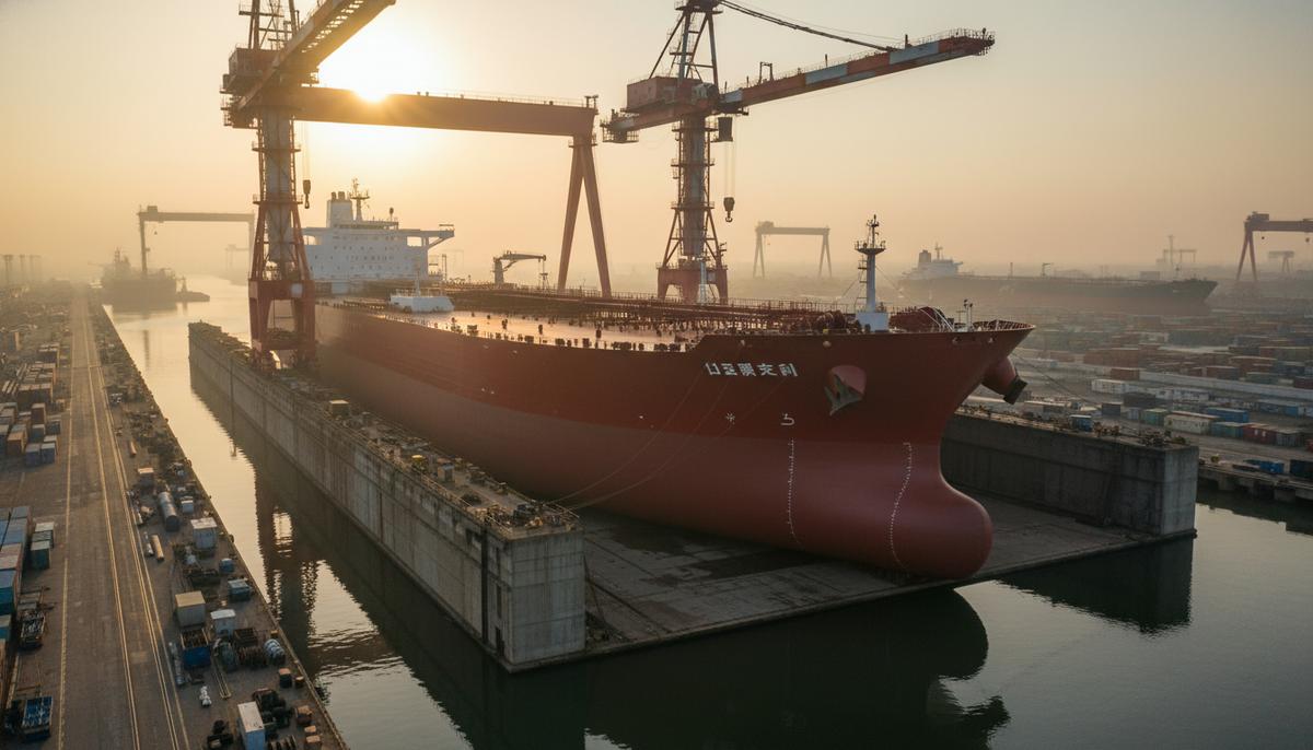 Огромный новый нефтяной супертанкер VLCC у причала современной китайской судостроительной верфи в окружении портовых кранов.
