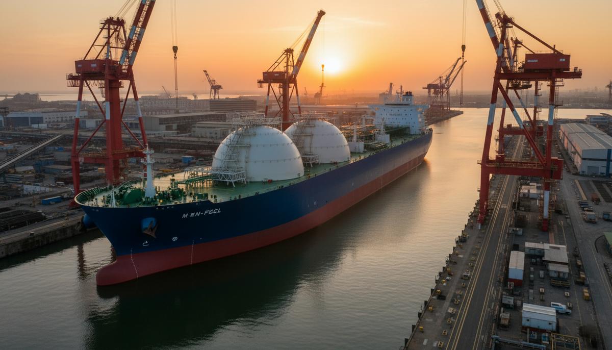 Bruton обеспечила фрахт и финансы для новых СПГ-супертанкеров Новый СПГ-супертанкер класса VLCC у причала судостроительной верфи в окружении портовых кранов на закате.