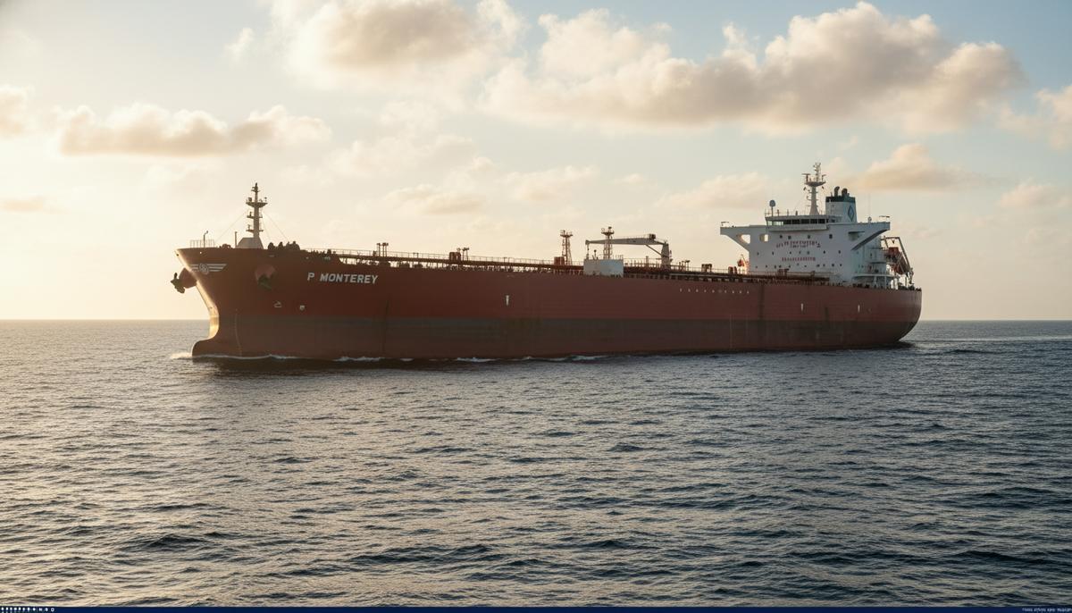 Performance Shipping обеспечила трехлетний контракт для танкера P Monterey Большой нефтяной танкер-афрамакс «P Monterey» с красным корпусом идет по спокойному морю под ясным небом.