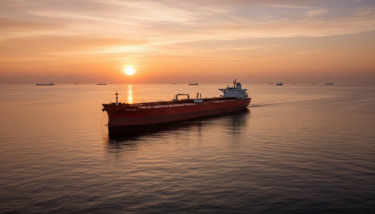 Sinokor меняет рынок: беспрецедентная скупка супертанкеров Огромный супертанкер VLCC с красным корпусом идет по спокойному морю на фоне восхода солнца, другие суда виднеются на горизонте.