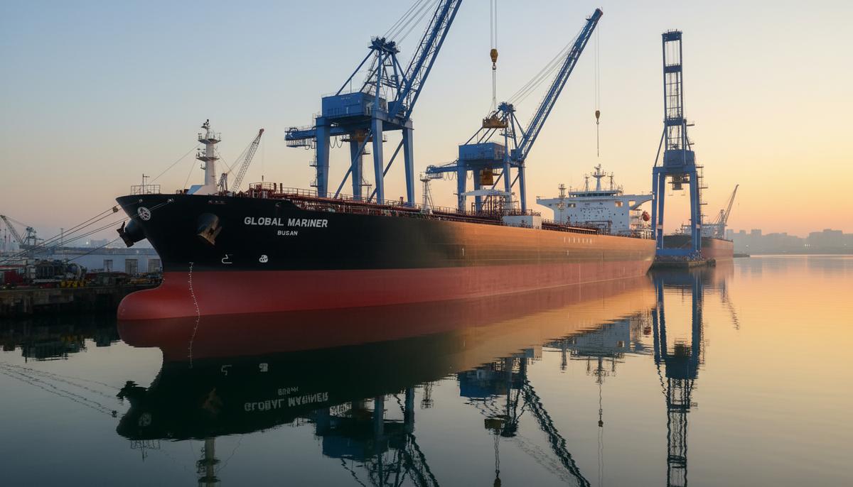 Okeanis Eco Tankers расширяет флот: два новых суэцмакса из Южной Кореи Огромный новый нефтяной танкер-суэцмакс у причала судостроительной верфи в Южной Корее на рассвете.