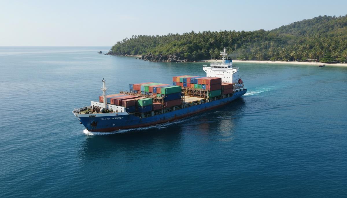 Греческий магнат Metrostar возвращается на рынок контейнеровозов Небольшой контейнеровоз плывет по морю на фоне тропического побережья в солнечный день.