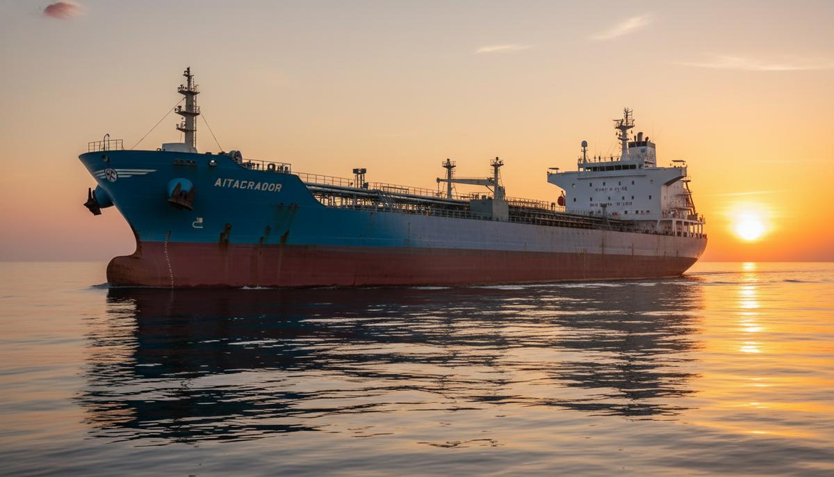 Среднетоннажный танкер-продуктовоз в открытом море во время рассвета. Судно движется по спокойной воде.