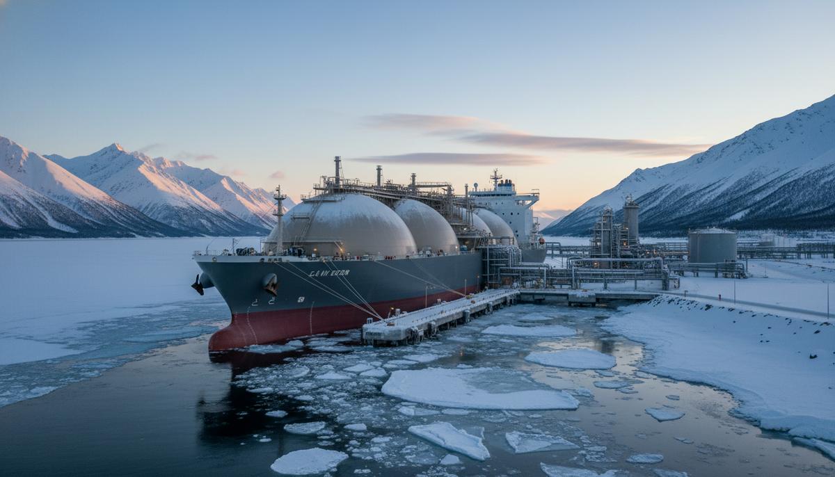 Danaos выходит на рынок СПГ с американским проектом Alaska LNG Современный газовоз СПГ у причала в морском терминале на фоне заснеженных гор Аляски.