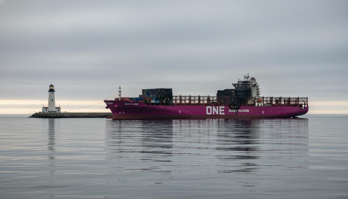 Крупный контейнеровоз «ONE Henry Hudson» со следами пожара на борту стоит на якоре в море у маяка на рассвете.