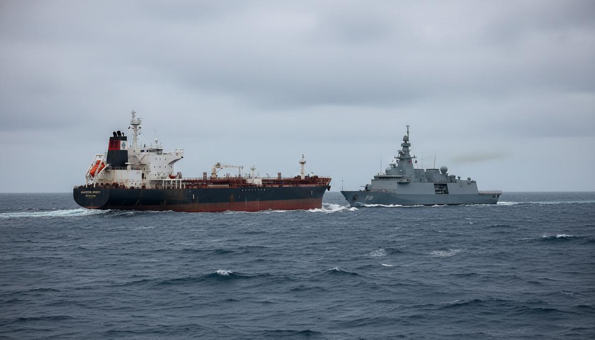 Нефтяной танкер и военный фрегат в открытом море во время операции по перехвату в пасмурную погоду.