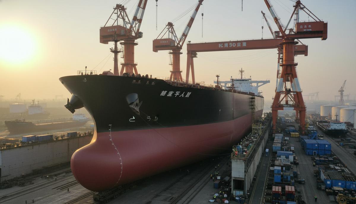 Огромный новый супертанкер VLCC в сухом доке судостроительной верфи под высокими портовыми кранами.