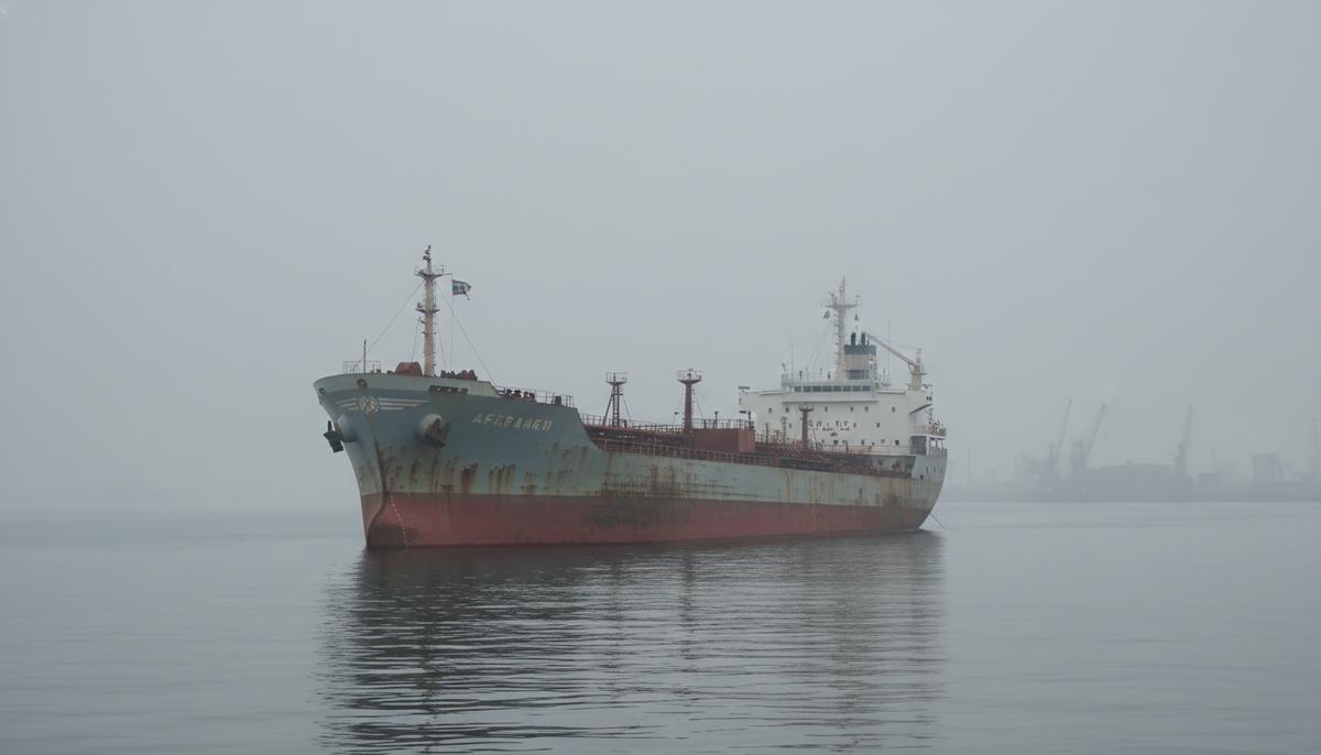 Старый нефтяной танкер с закрашенным названием на борту стоит на якоре в туманном сером море на фоне размытого силуэта порта.