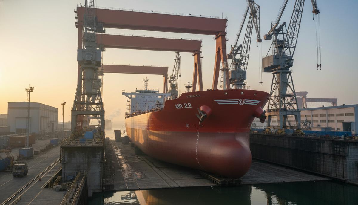Новый танкер-продуктовоз в сухом доке современной судостроительной верфи в окружении портовых кранов на рассвете.