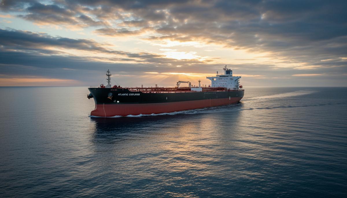 Греческий гигант JHI Steamship делает ставку на корейские верфи Огромный новый танкер-суэцмакс для перевозки сырой нефти в открытом море на рассвете.