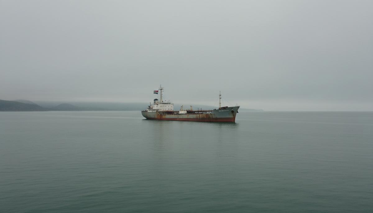 Старый нефтяной танкер в открытом море под пасмурным небом, на корме виден выцветший неразборчивый флаг.