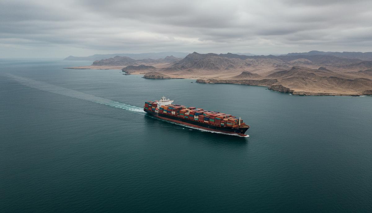 Большой контейнеровоз в узком проливе Красного моря на фоне скалистого пустынного побережья Йемена.