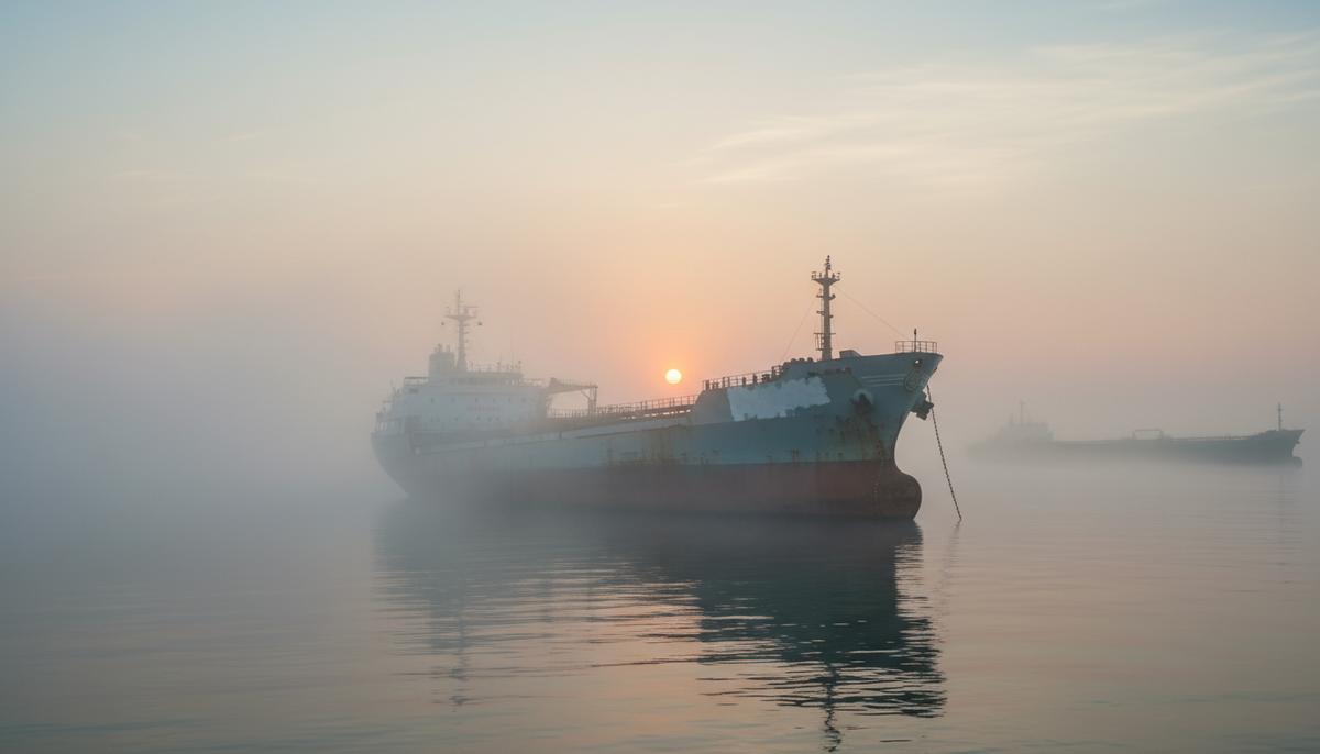 Теневой флот: иранское топливо для авиаударов хунты в Мьянме Ржавый нефтяной танкер со скрытым названием в утреннем тумане на морском рейде, вдали виден другой корабль.