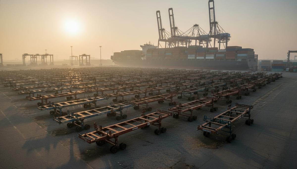 Борьба за шасси в портах США: FMC начинает новое расследование Ряды контейнерных шасси на территории портового терминала на фоне грузовых кранов и контейнеровоза в утренней дымке.