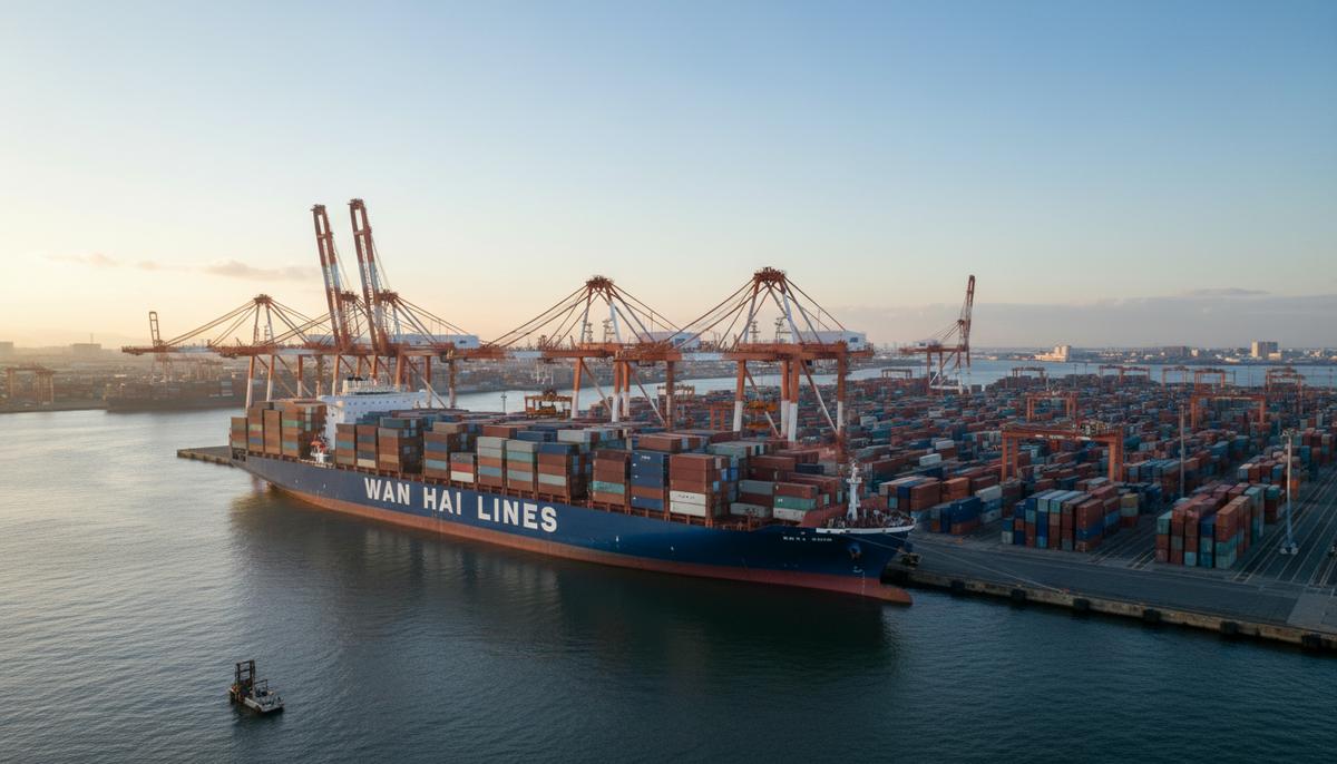 Контейнеровоз компании Wan Hai у причала в порту Осака. Портовые краны разгружают и загружают контейнеры на терминале C9.