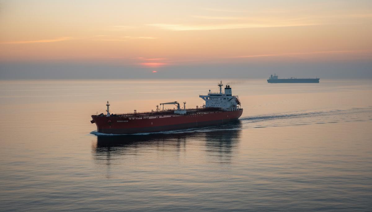 Tankers International расширяется: новый пул для suezmax-танкеров Огромный нефтяной танкер класса suezmax с красным корпусом в открытом море на рассвете. На горизонте в тумане виден силуэт более крупного супертанкера VLCC.