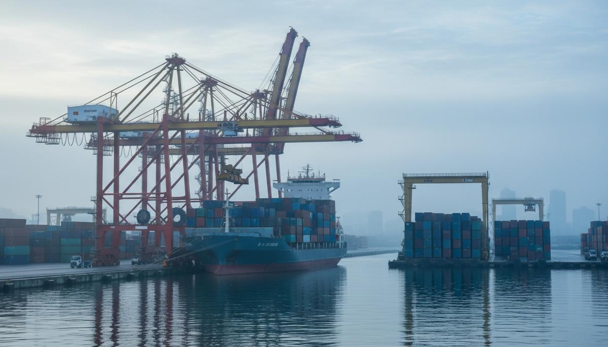 Heidmar отменяет первую покупку судна: фокус на управлении флотом Фидерный контейнеровоз стоит у причала в промышленном порту, портовые краны перемещают грузовые контейнеры на палубу.